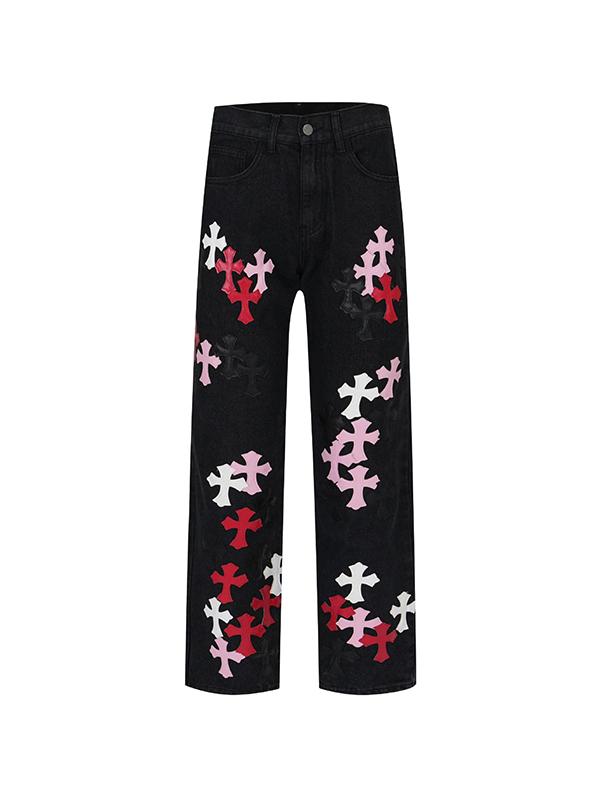 Men's Cross Patch Leather Loose Jeans Product Image