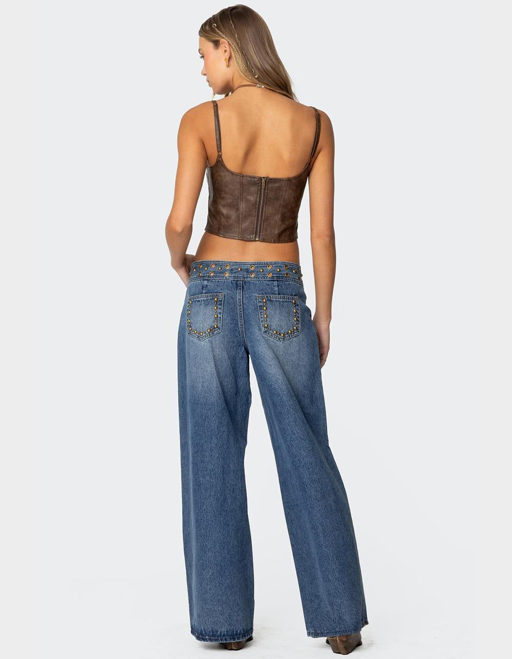 EDIKTED Stud & Grommet Low Rise Jeans - LIGHT BLUE Product Image