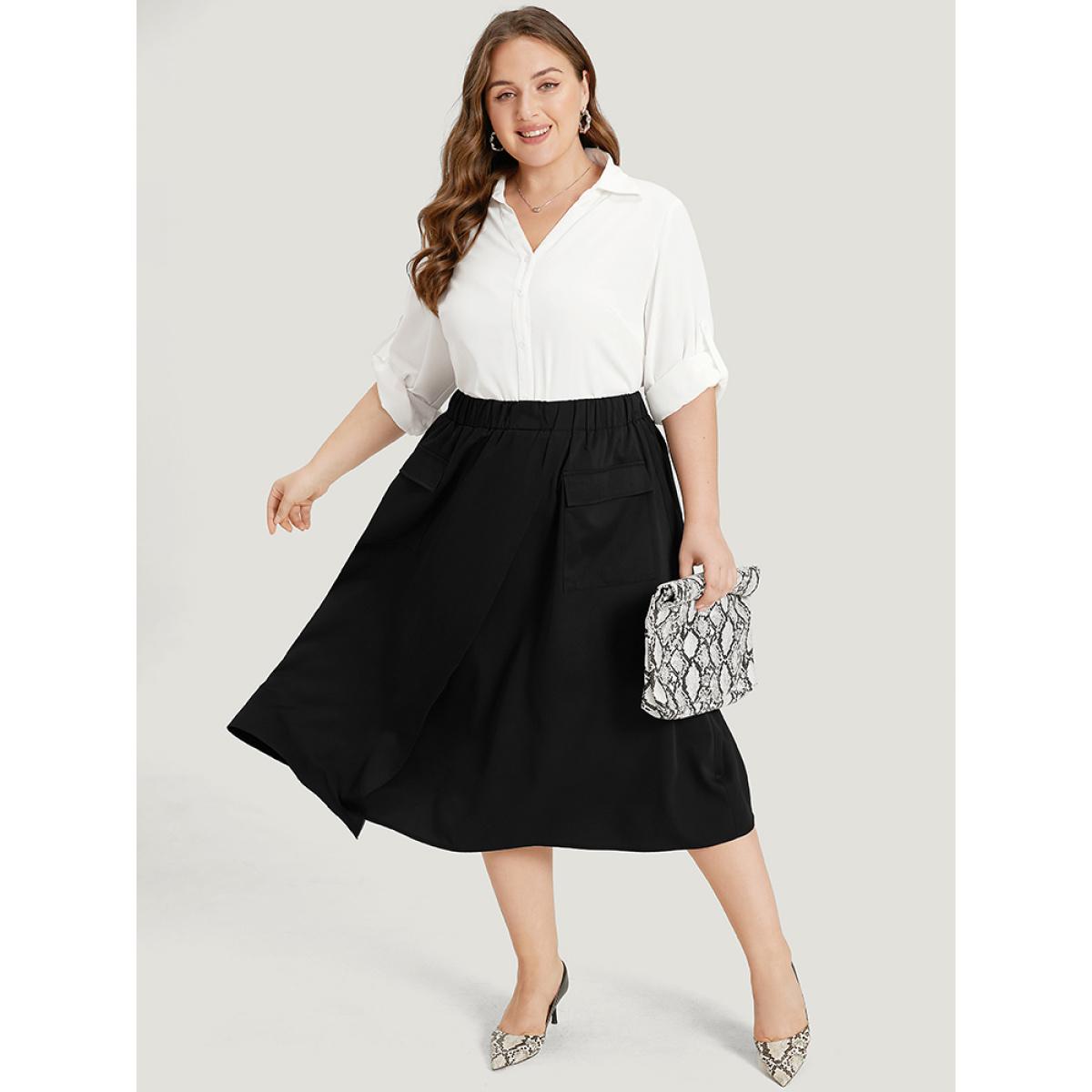 Plus Size Solid Pocket Elastic Waist Gathered Skirt Women Black Office Plain No stretch Pocket Work Skirts BloomChic 10/M Product Image