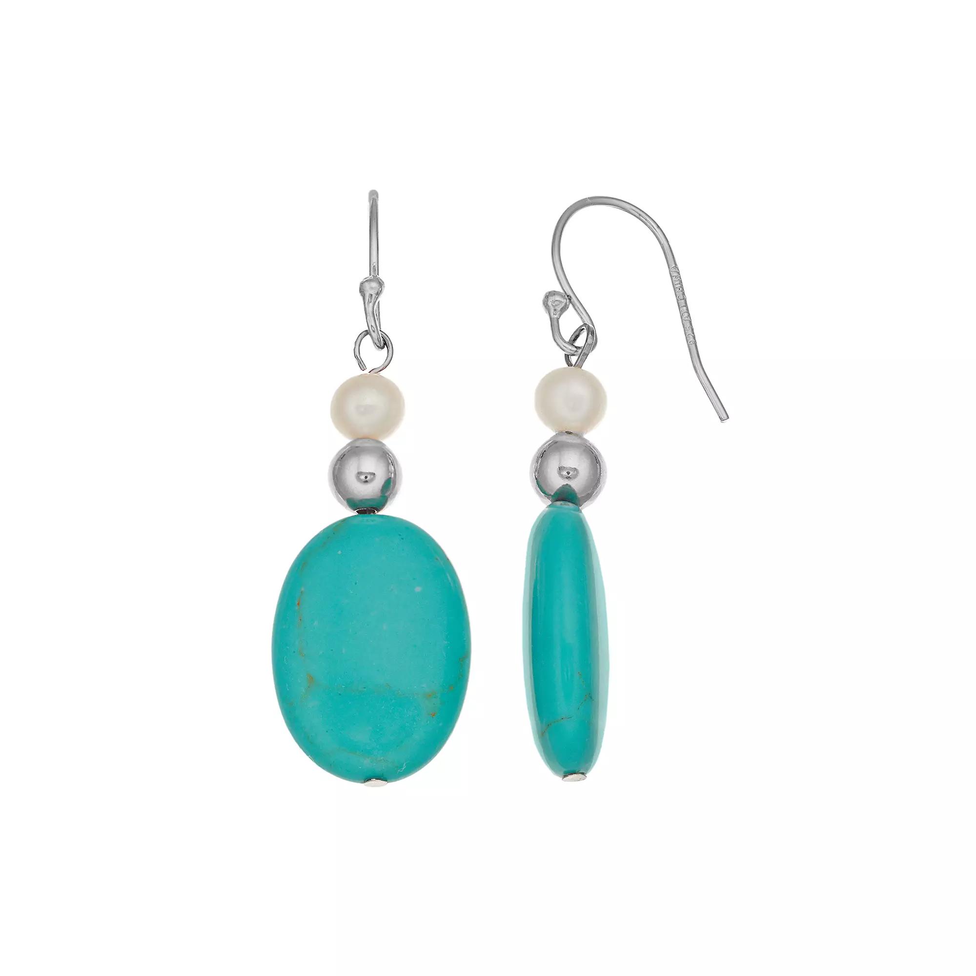 Sterling Silver Simulated Turquoise & Freshwater Cultured Pearl Drop Earrings, Women's, Blue Product Image