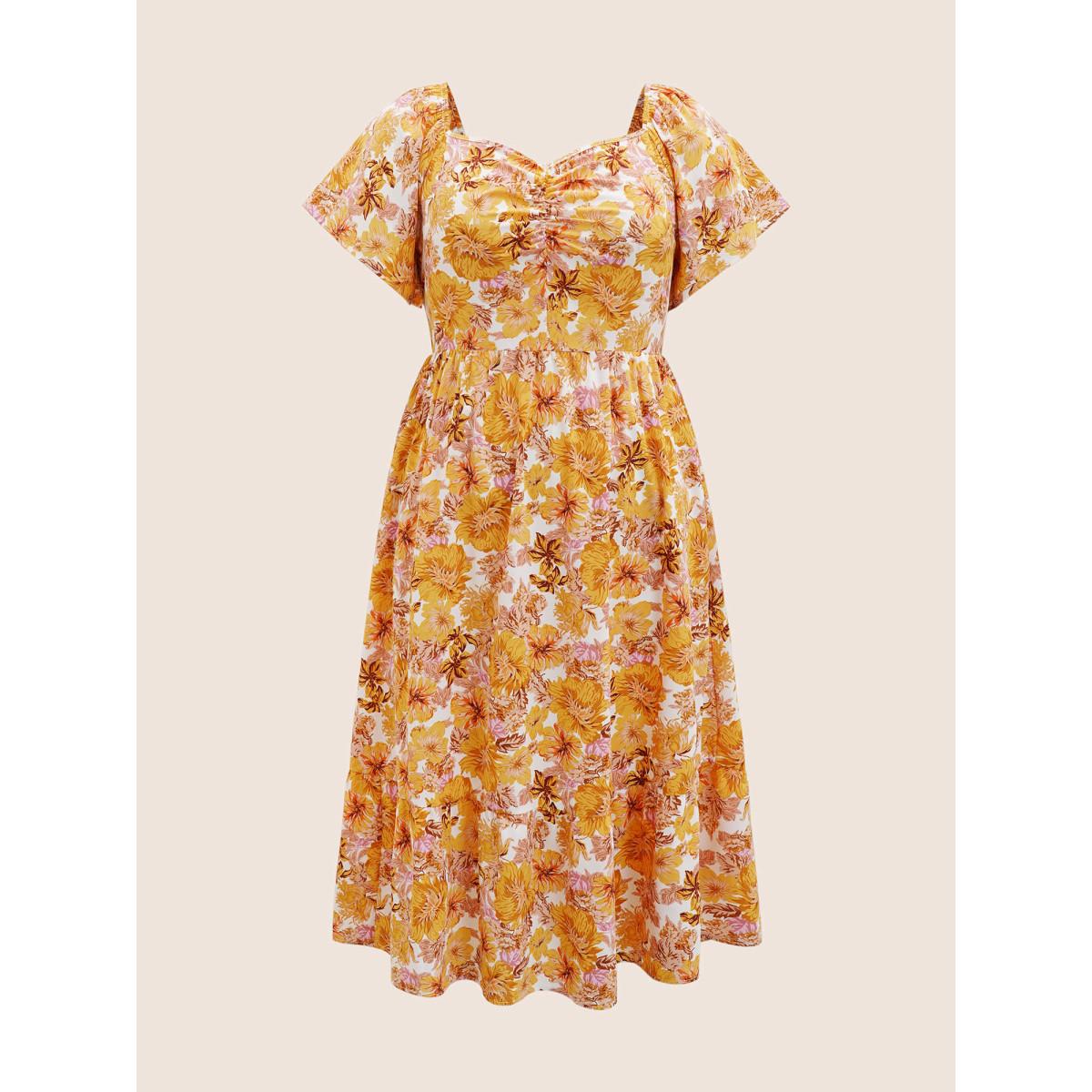 Plus Size Floral Heart Neckline Flutter Sleeve Dress Turmeric Women Elegant Twist Heart neckline Short sleeve Curvy BloomChic 22-24/3X Product Image