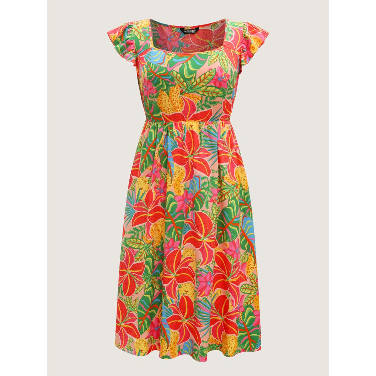 Plus Size Bright Floral Print Pockets Flutter Midi Dress Crepe Women Heart neckline Cap Sleeve Curvy BloomChic 12/L Product Image
