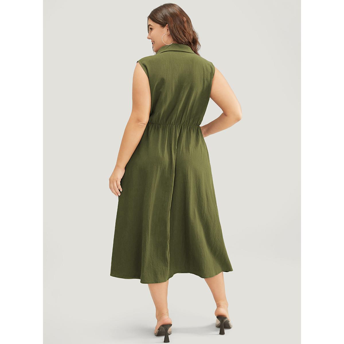 Plus Size Solid Shirt Collar Sleeveless Pocket Button Up Split Hem Dress ArmyGreen Women Office Button Shirt collar Sleeveless Curvy Midi Dress BloomChic 30/6X Product Image