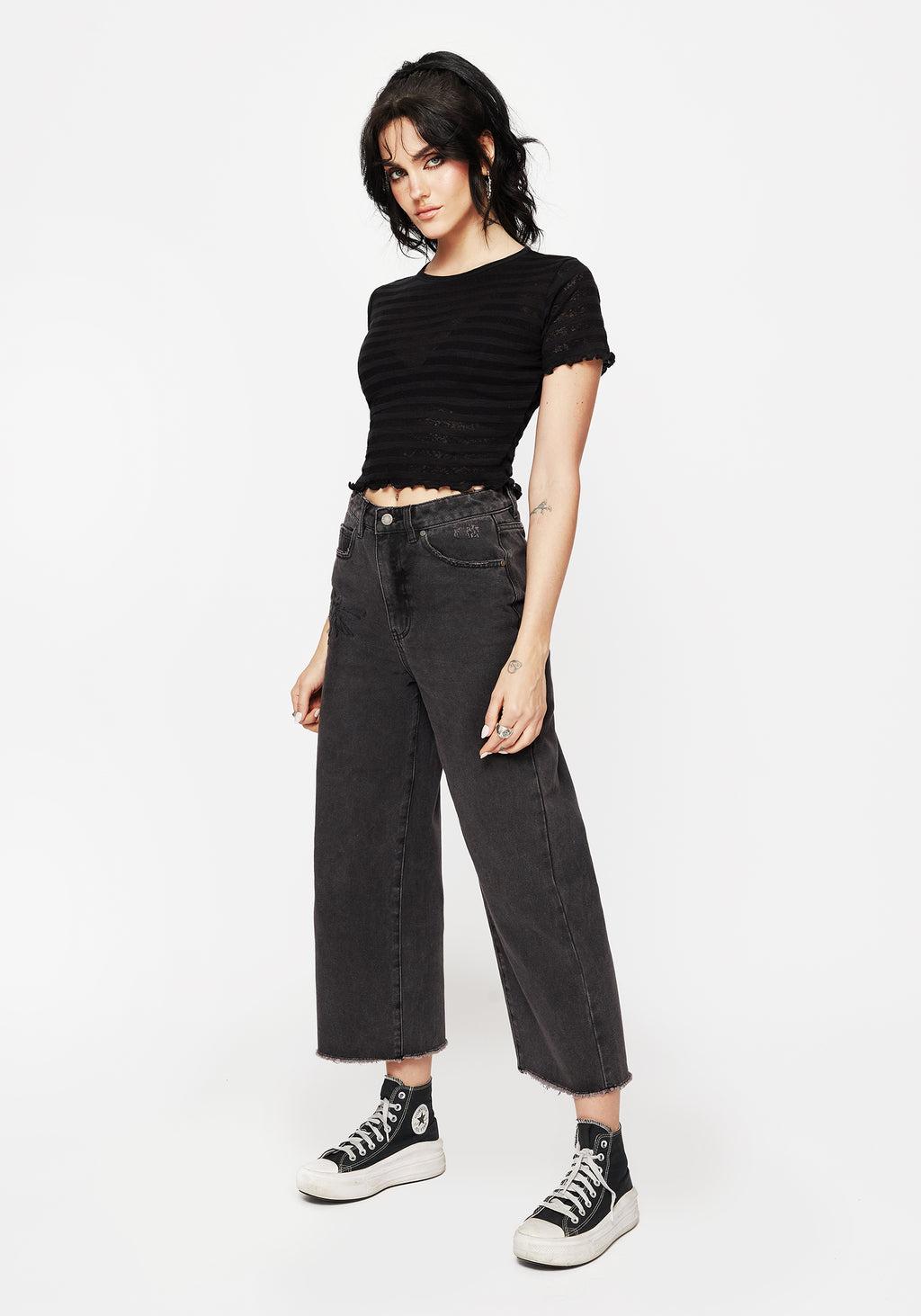 Dragonfly Embroidered Wide Leg Denim Culotte Jeans Product Image