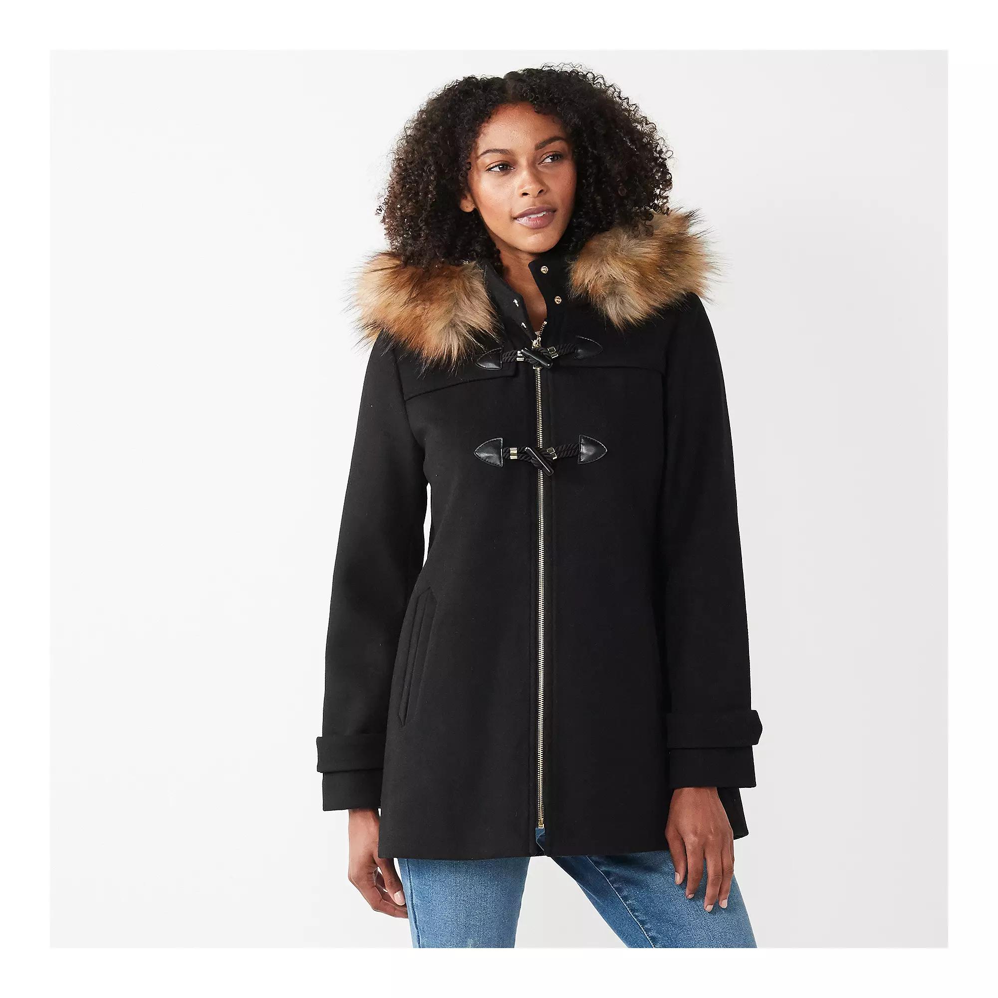 Womens Nine West Faux-Trim Hood Wool-Blend Toggle Coat Product Image