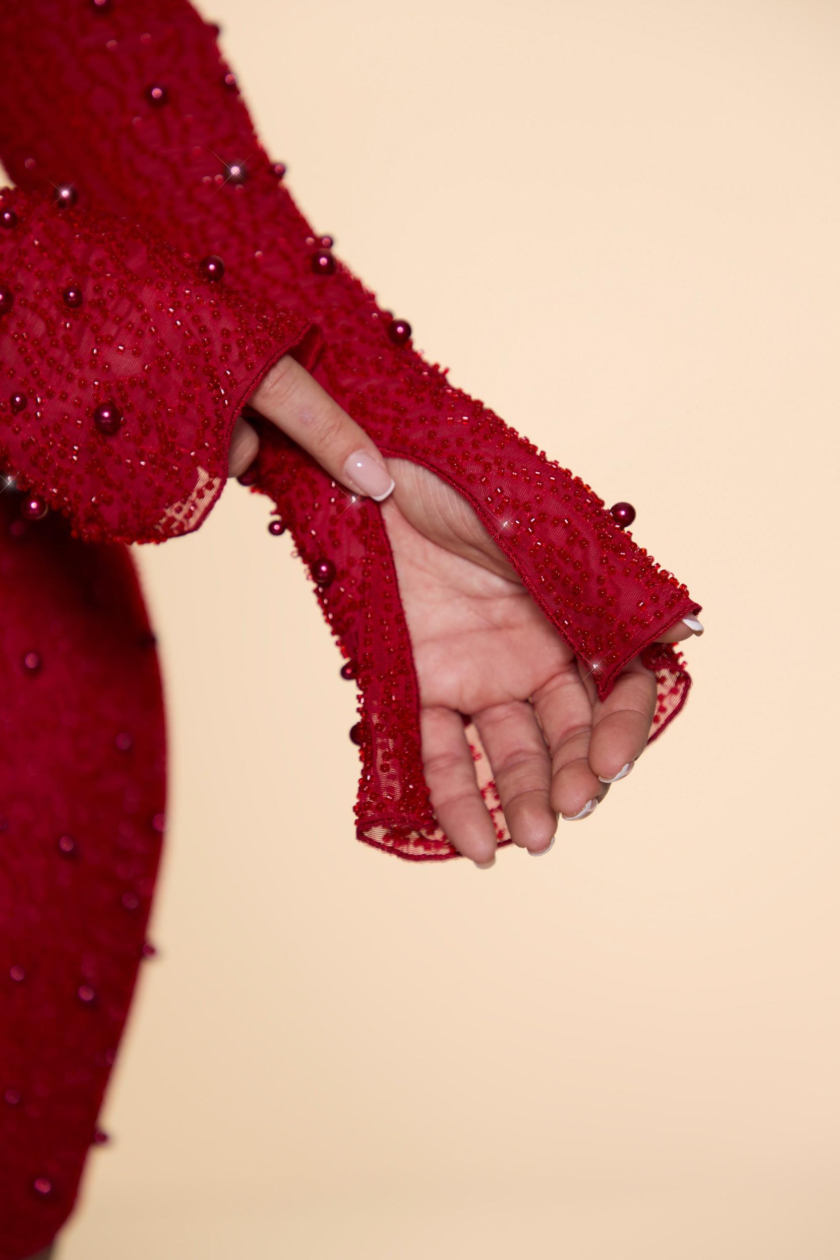 Long Sleeve Deep Plunge Mini Dress in Red Product Image