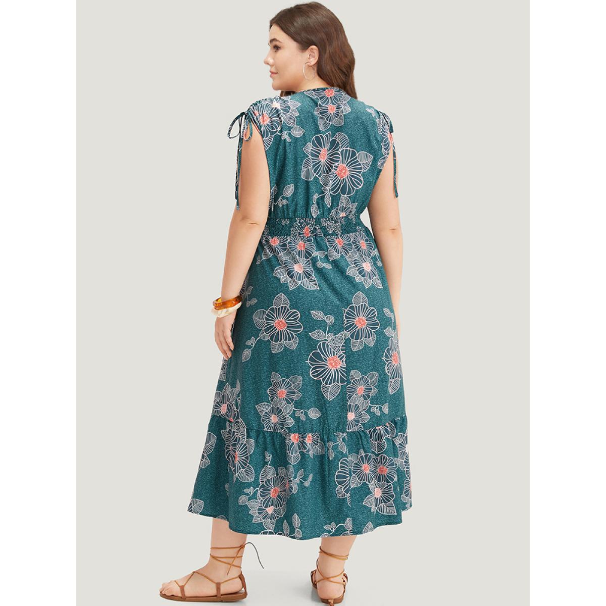 Plus Size Floral Print Shirred Overlap Collar Drawstring Dress Teal Women Vacation Printed V-neck Short sleeve Curvy Midi Dress BloomChic 28/5X Product Image