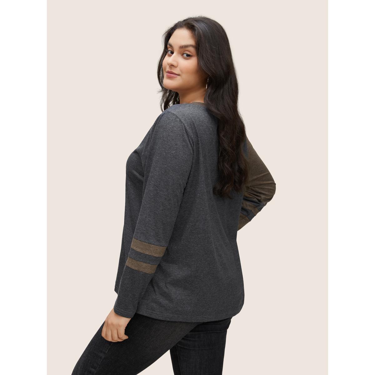 Plus Size Two Tone Contrast Round Neck T-shirt Multicolor Women Casual Contrast Plain Round Neck Everyday T-shirts BloomChic 18-20/2X Product Image