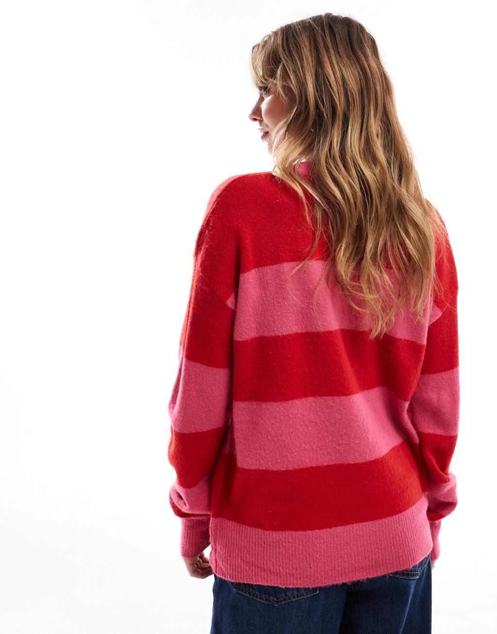 Brave Soul oversized Christmas sweater with sequins in pink and red stripe Product Image