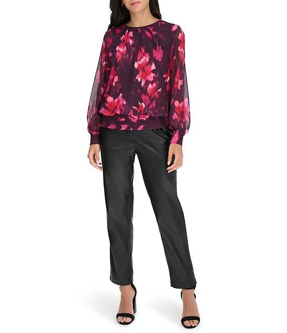 Calvin Klein Floral Chiffon Crew Neck Long Sleeve Banded Hemline Top Product Image
