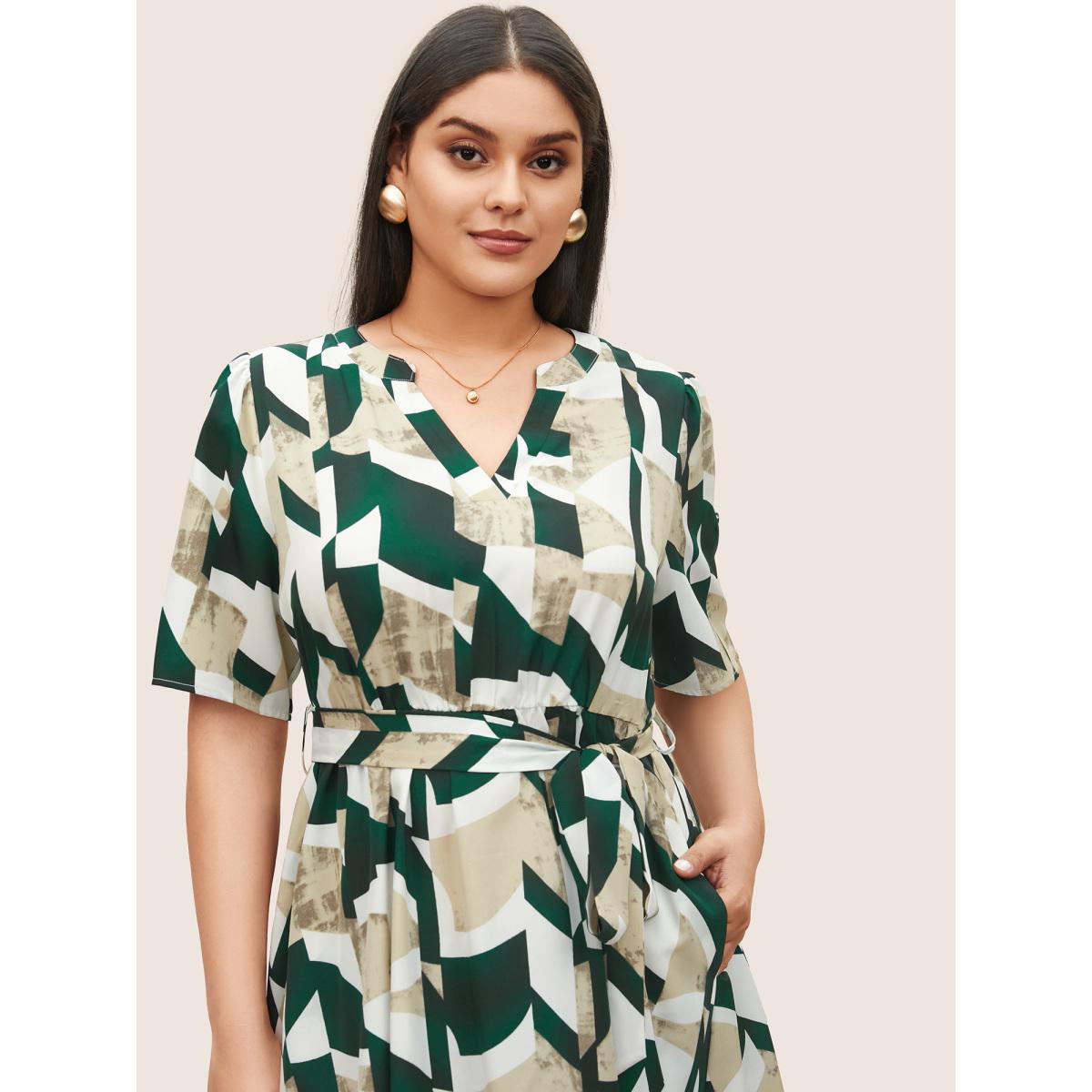 Plus Size Geometric Pocket Flat Collar With V Notch Dress DarkGreen Women At the Office Belted Flat collar with V-notch Short sleeve Curvy Midi Dress BloomChic 22-24/3X Product Image