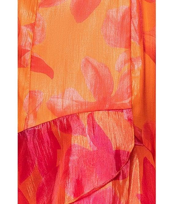 Xscape Organza Floral Print V-Neck Short Sleeve Ruffle A-Line Midi Dress Product Image