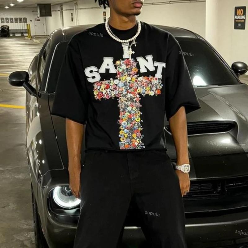 Vintage Saint Cross Art Graphic Cotton T-Shirt Product Image