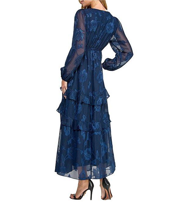 Layered With Love Alice Jacquard Chiffon Long Sleeve V-Neck Ruffle Tiered A-Line Maxi Dress Product Image