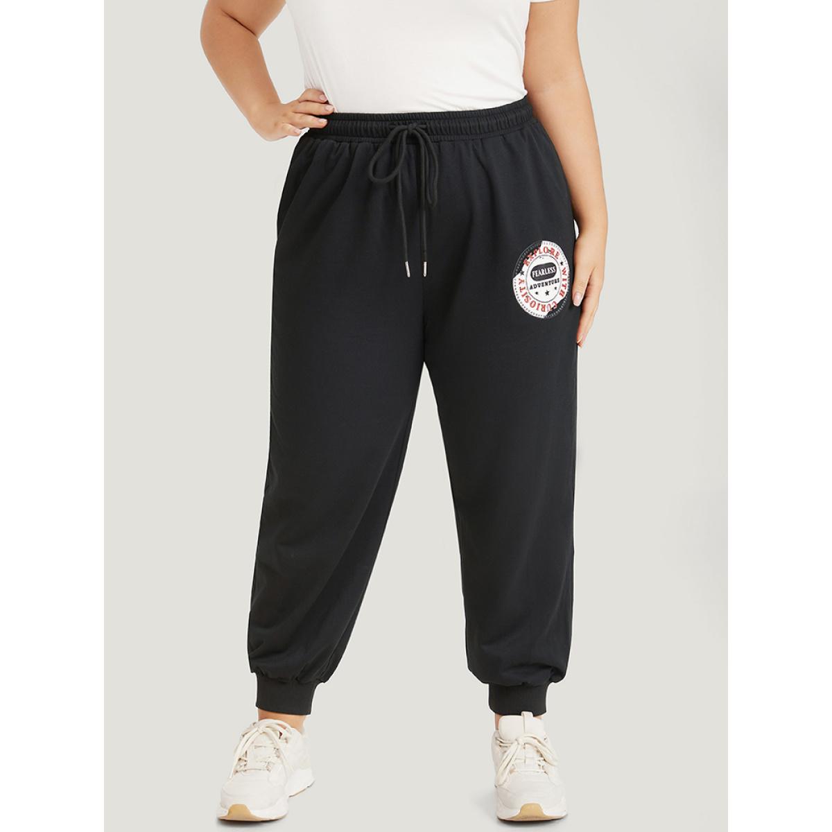 Plain Drawstring Patched Detail Pocket Sweatpants Black Plus Size Women Casual Dailywear Printed 12/L Bloomchic Product Image