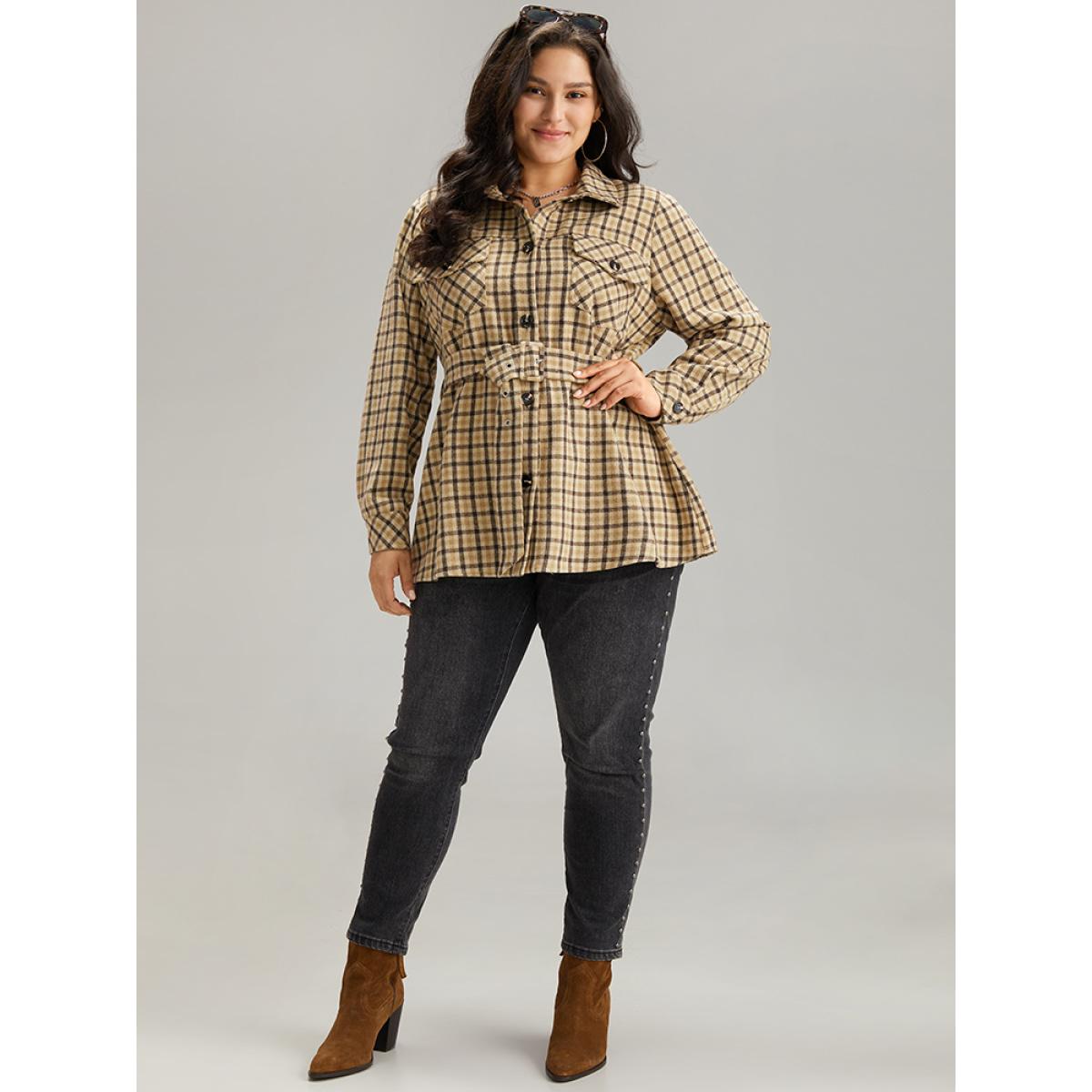 Plus Size Gingham Pocket Button Through Belted Coat Women Tan Casual Belted Ladies Dailywear Winter Coats BloomChic 28/5X Product Image