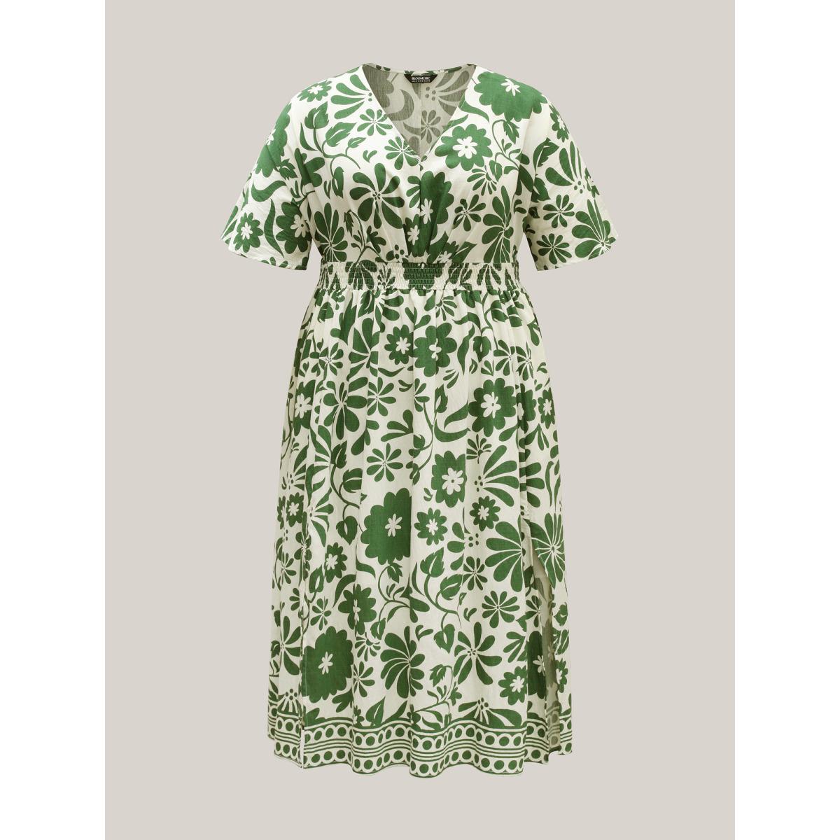 Plus Size Large Floral Print Pockets Midi Dress Truegreen Women Slit V-neck Short sleeve Curvy BloomChic 14-16/1X Product Image