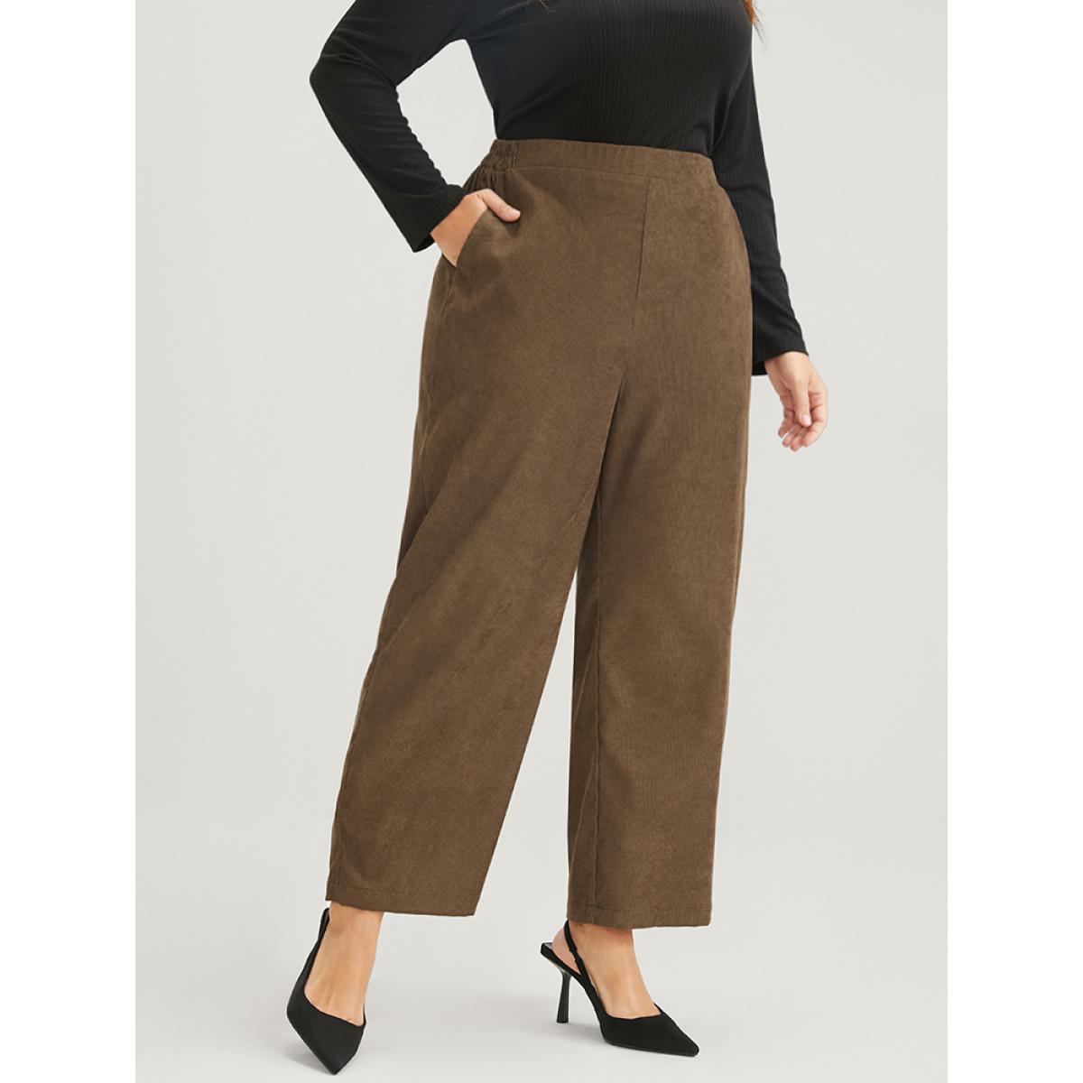 Plus Size Solid Pocket Elastic Waist Corduroy Pants Women Tan Office Mid Rise Office Pants BloomChic 14-16/1X Product Image