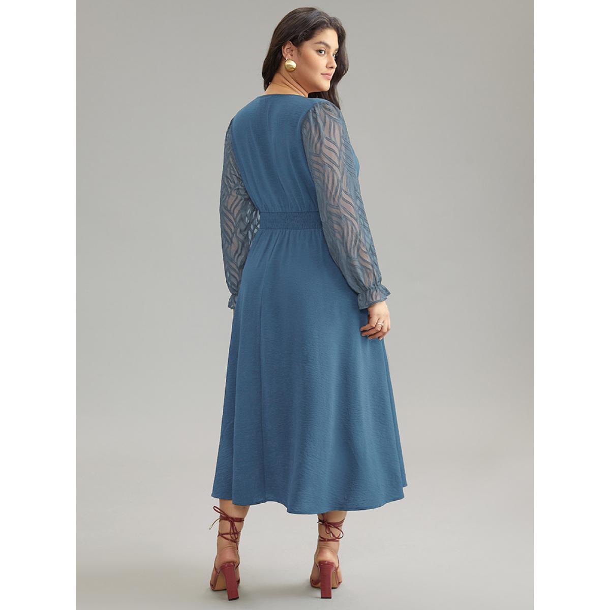 Plus Size Graphic Mesh Patchwork Pocket Split Side Dress Cerulean Women Elegant Wrap Overlap Collar Long Sleeve Curvy Midi Dress BloomChic 10/M Product Image