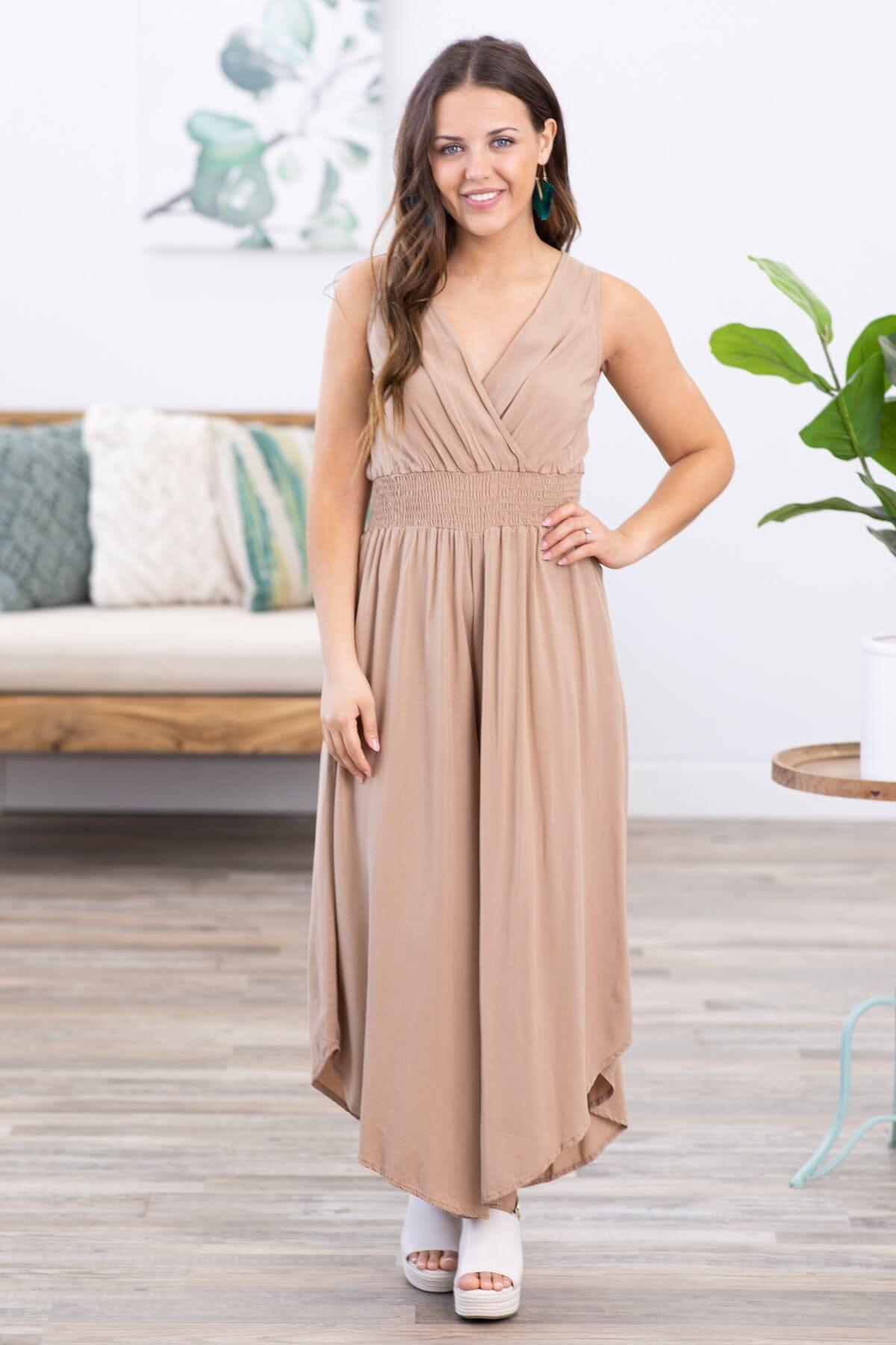 Tan Surplice Front Smocked Waist Jumpsuit Product Image