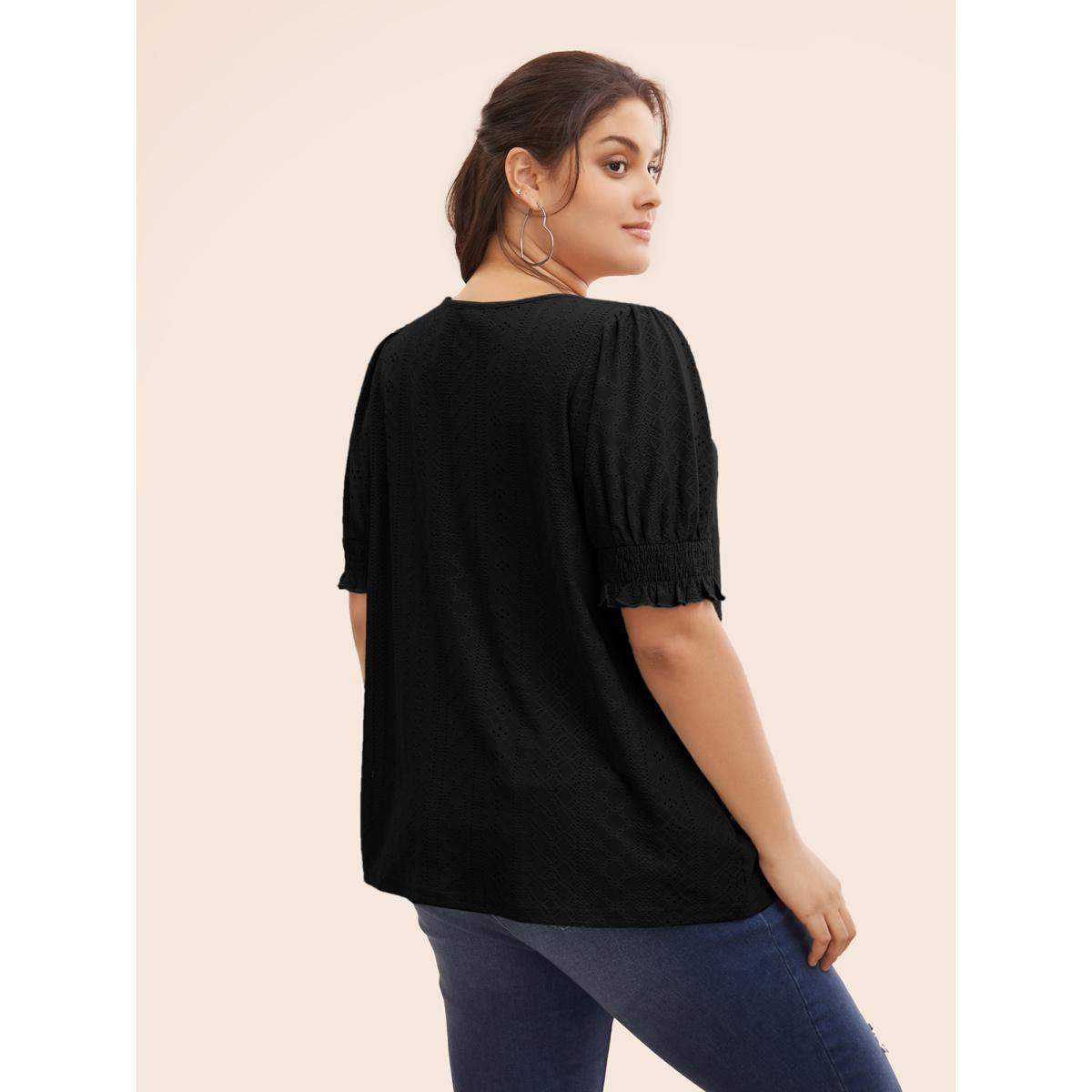 Plus Size Plain Broderie Anglaise Shirred Puff Sleeve Button Detail T-shirt Black Women Casual Button Plain V-neck Everyday T-shirts BloomChic 28/5X Product Image