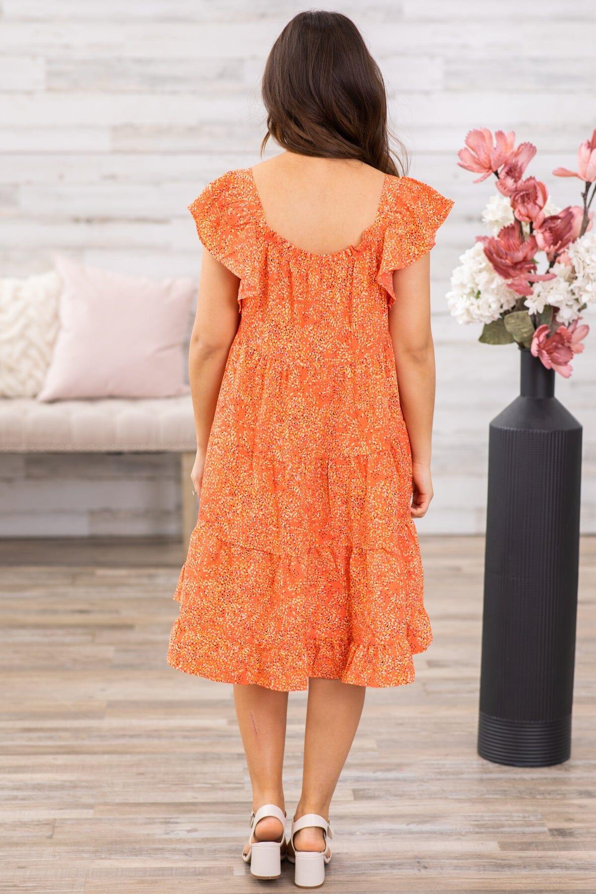 Orange Ditsy Floral Flutter Sleeve Dress Product Image