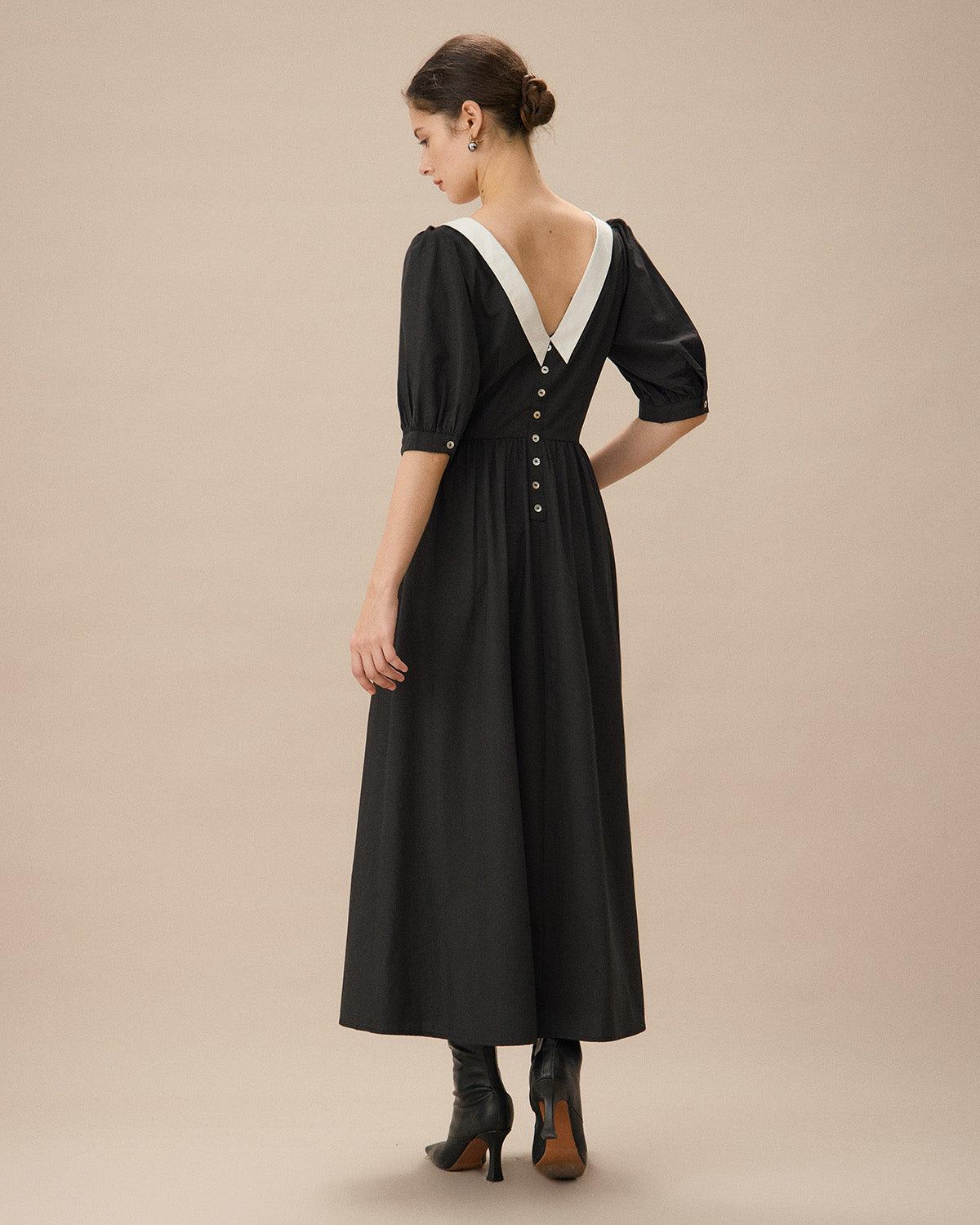 Black Contrasting Puffed Sleeve Maxi Dress Product Image