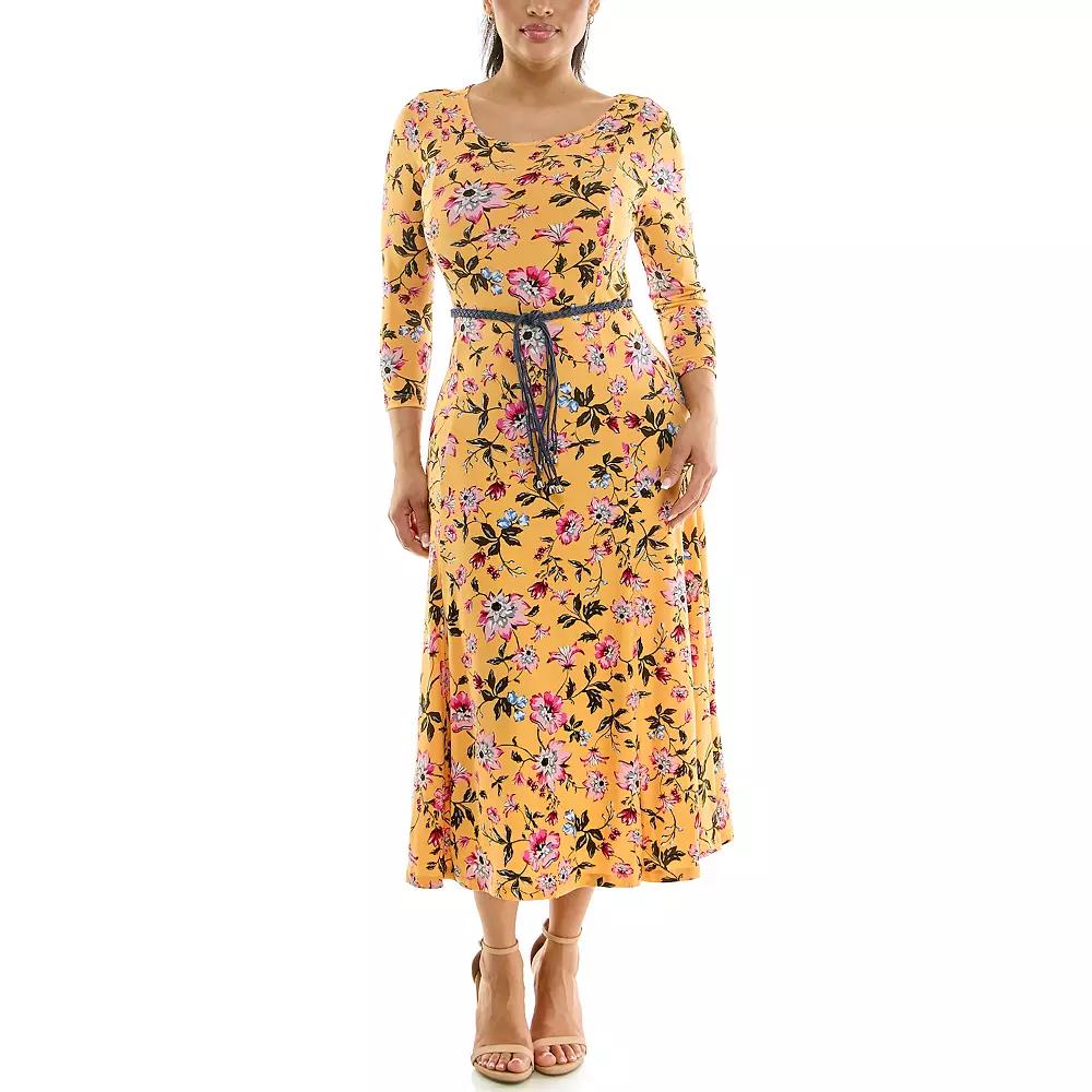 Women's Nina Leonard Sylvia Three-Quarter Sleeve Belted Midi Dress,  Product Image