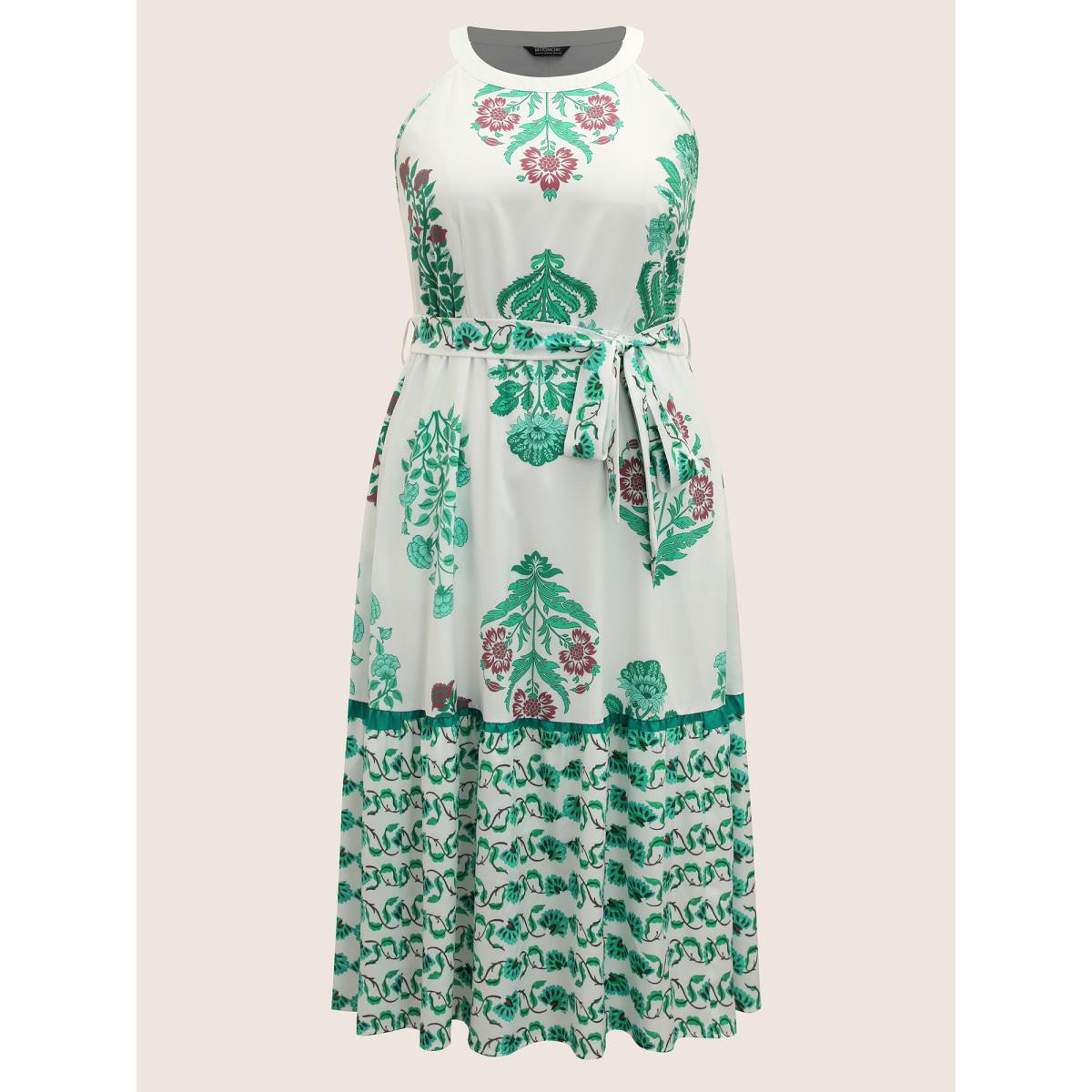 Plus Size Bandana Print Belted Sleeveless Maxi Dress Malachitegreen Women Resort Belted Round Neck Sleeveless Curvy BloomChic 28/5X Product Image