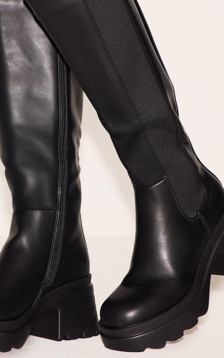 Black Pu Chunky Chelsea Heeled Knee High Boots Product Image