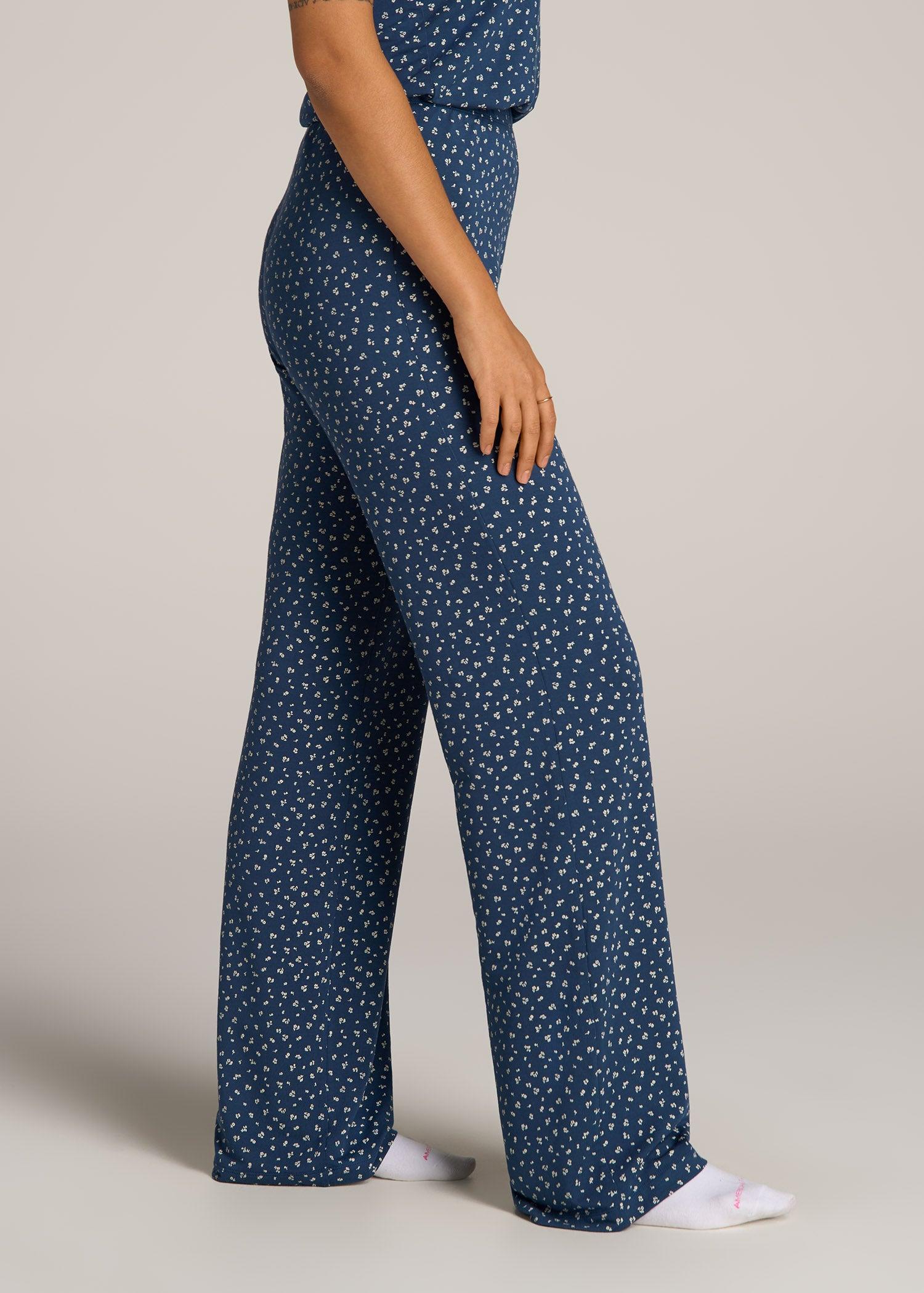 Wide Leg Women's Tall Pajama Pants in Blue Ditsy Floral Print Product Image