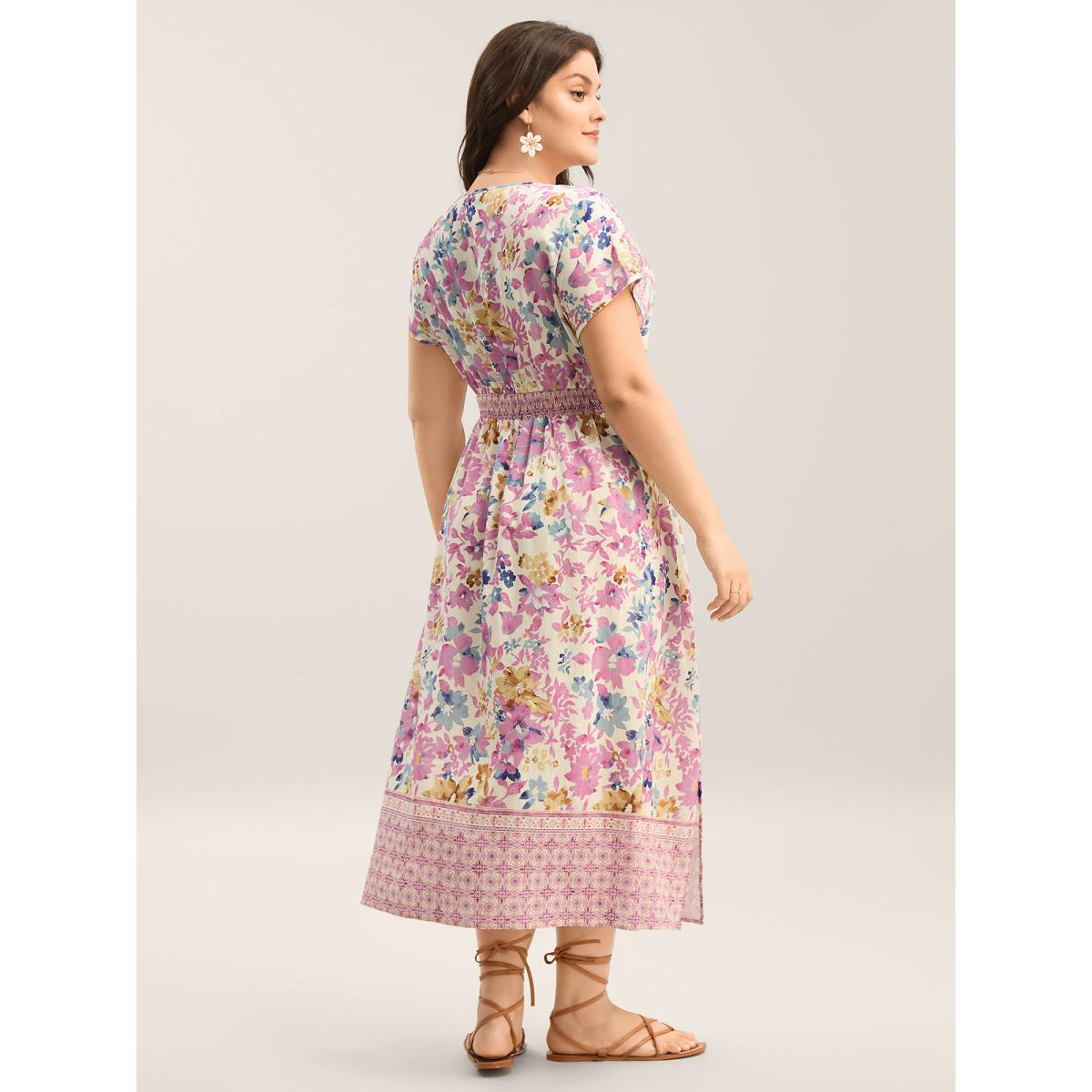 Plus Size Floral Shirred Waist Slit Midi Dress Lilac Women Overlap Collar Short sleeve Curvy BloomChic 14-16/1X Product Image