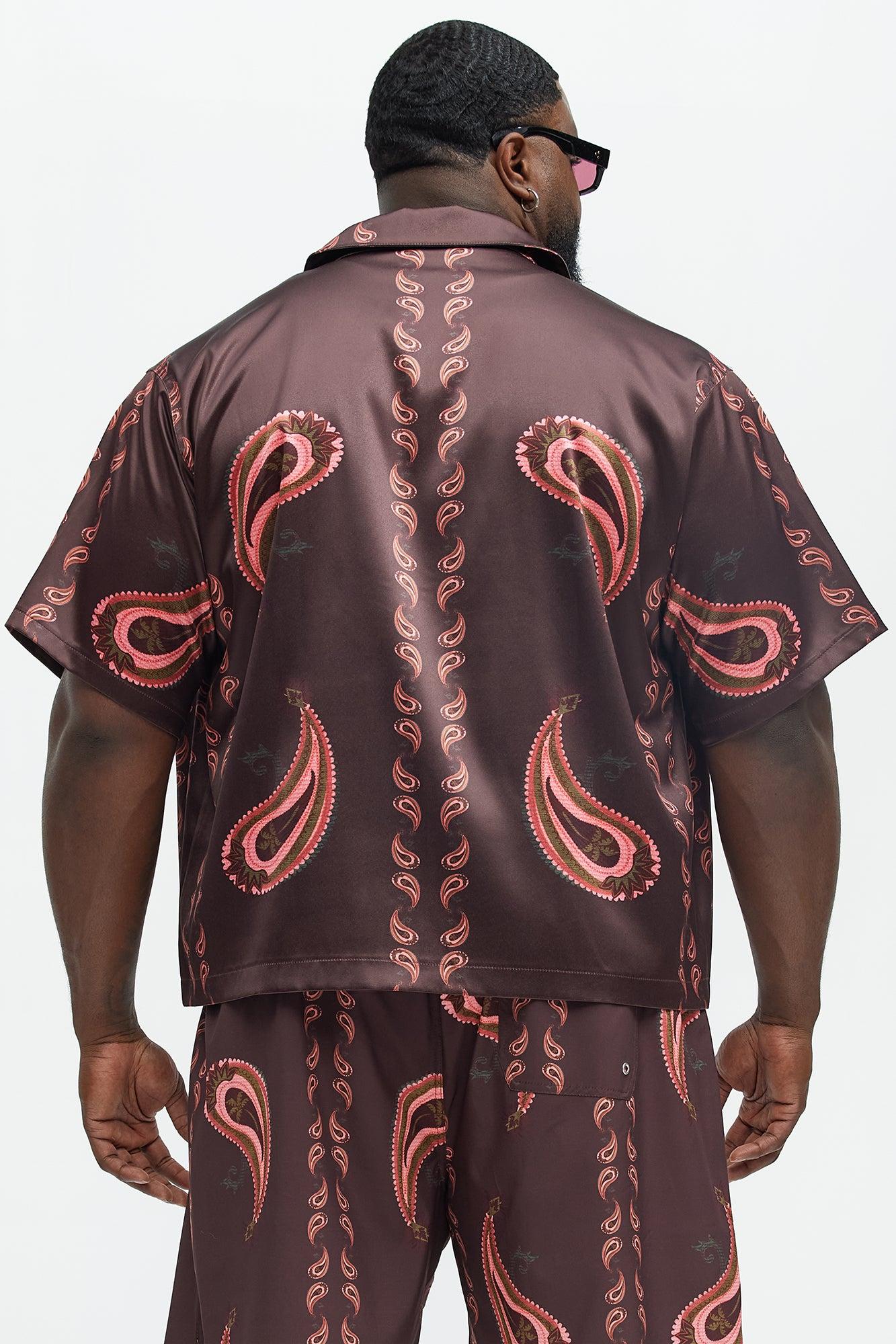 Palm Paisley Print Cuban Collar Shirt - Burgundy Product Image