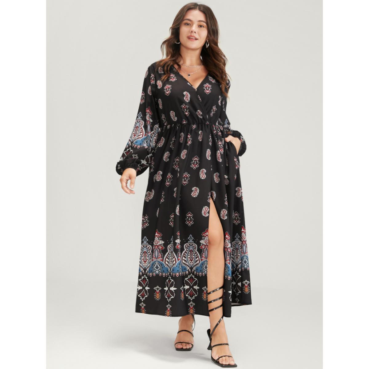 Plus Size Paisley Pocket Split Wrap Maxi Dress Black Women Vacation Pocket V-neck Long Sleeve Curvy Long Dress BloomChic 22-24/3X Product Image