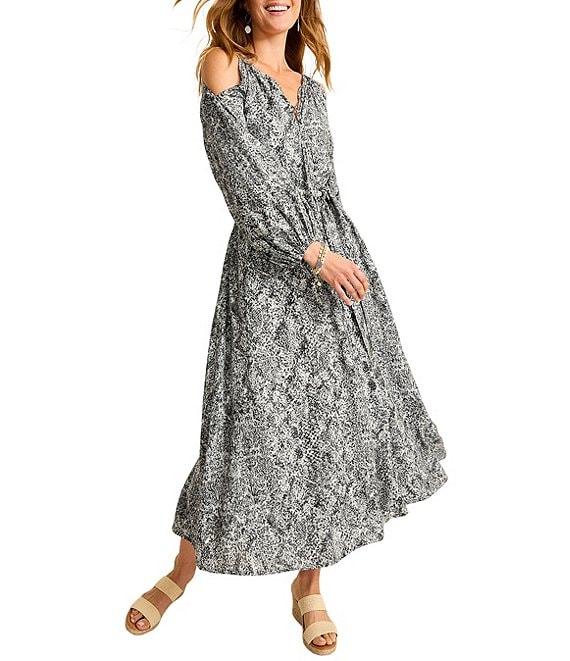 Tommy Bahama Playa Python Tencel V-Neck Cold Shoulder Long Sleeve Tie Front Maxi Dress Product Image