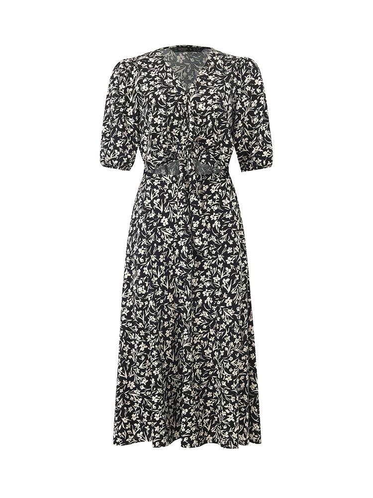 Iris Print V-Neck Tied Women Midi Dress Product Image