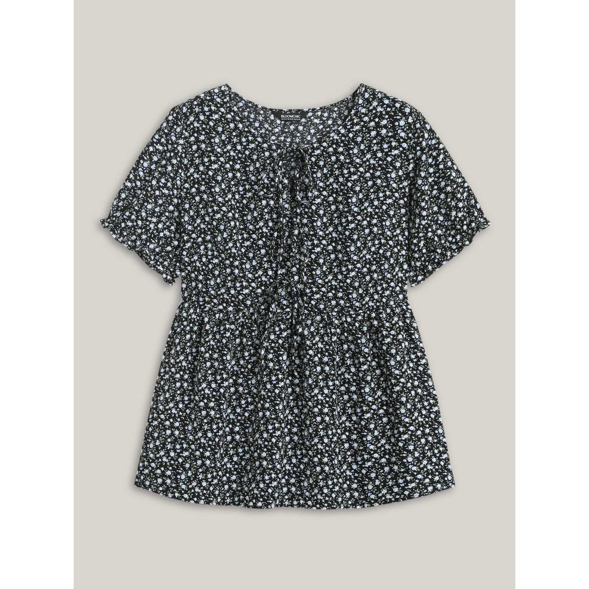Plus Size Black Ditsy Floral Print Bow-Tie Blouse Women Timeless Short sleeve Round Neck Elegant Blouses BloomChic 14-16/1X Product Image