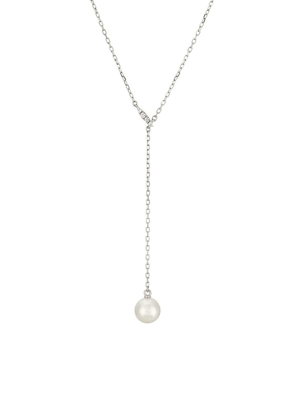 Womens Classic 18K White Gold, Akoya Pearl & 0.03 TCW Diamond Y Necklace Product Image