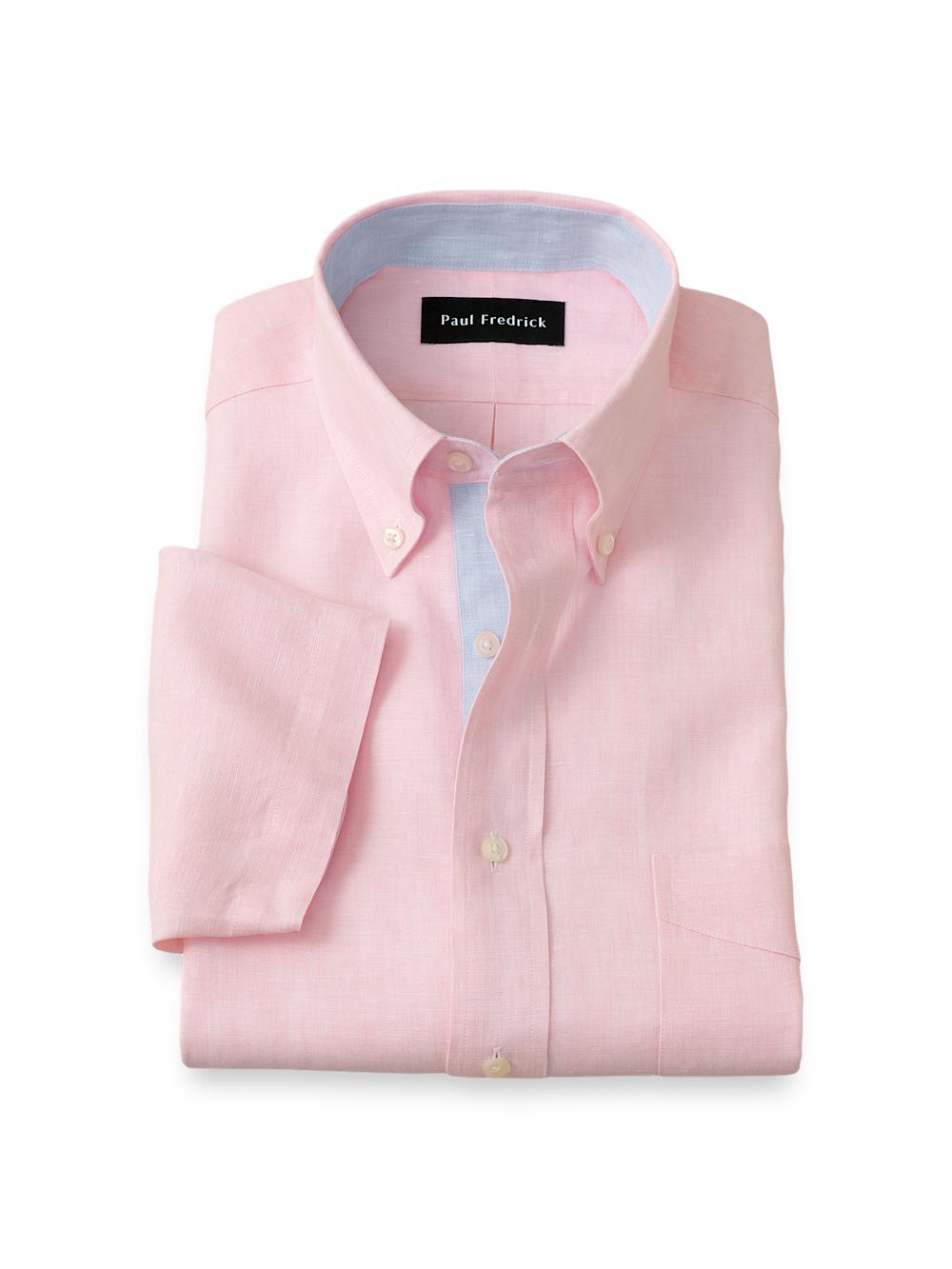Non-Iron Linen Solid Dress Shirt With Contrast Trim - Pink Product Image