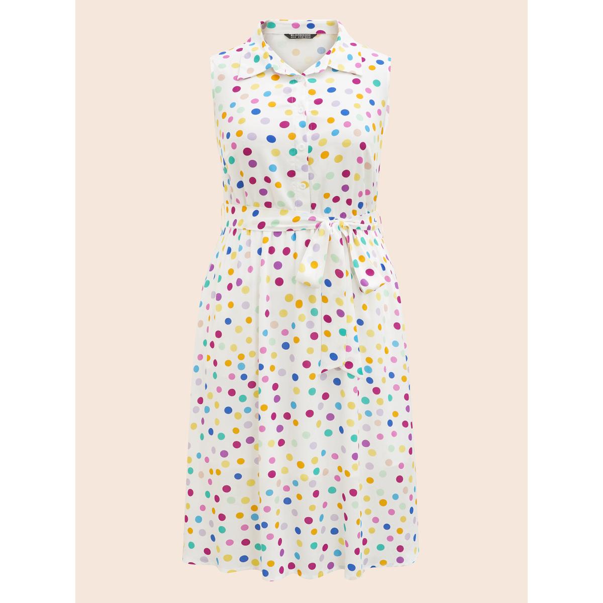 Plus Size Polka Dot Front Tie Midi Shirt Dress WhiteSmoke Women Casual Belted Shirt collar Sleeveless Curvy BloomChic 14-16/1X Product Image