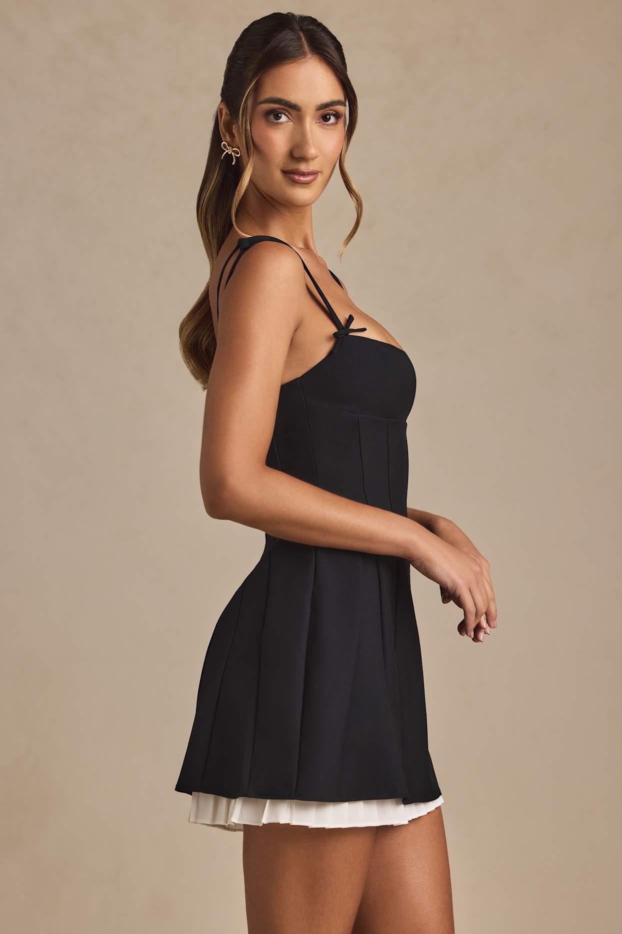Bow-Detail Pleated A-Line Mini Dress in Black Product Image