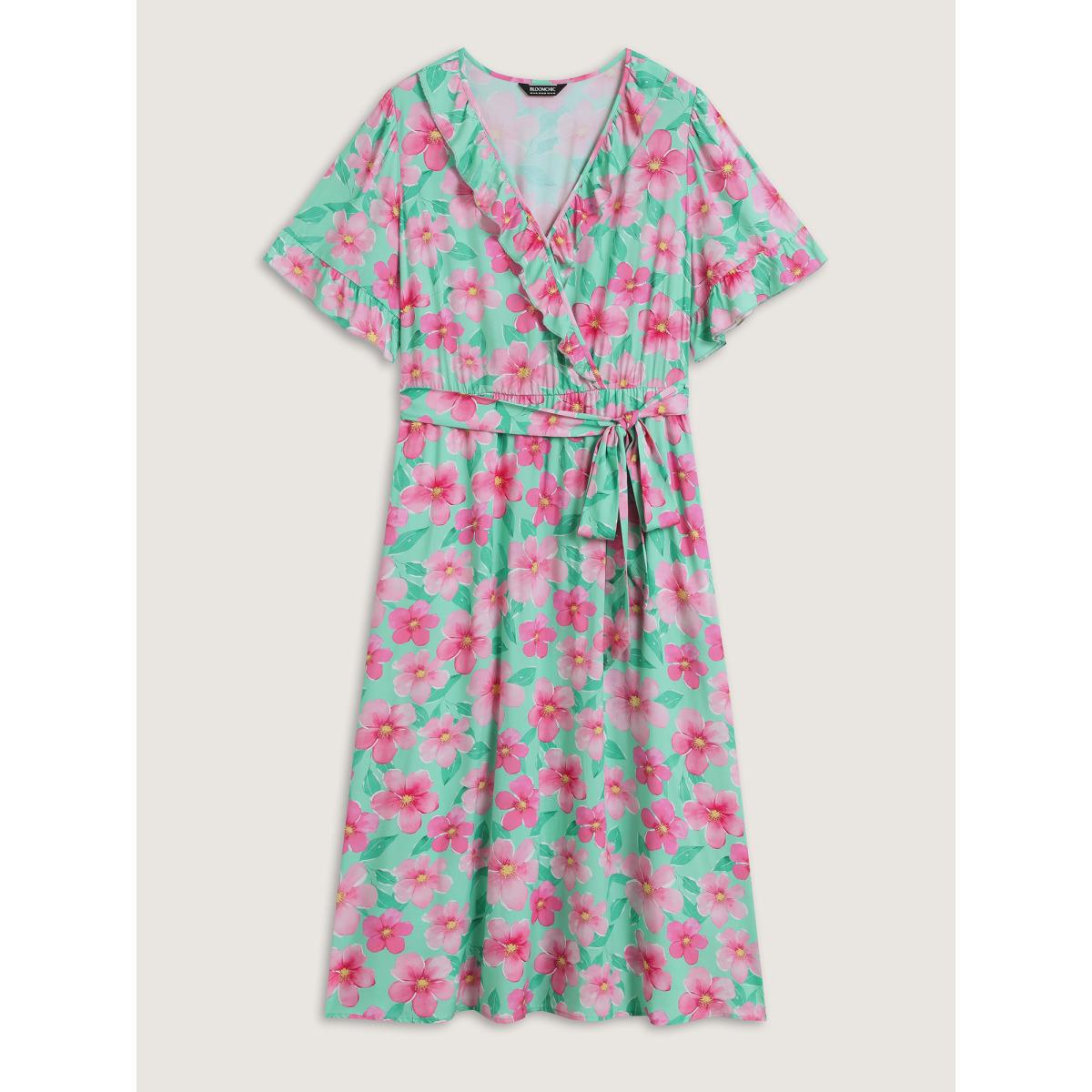 Plus Size Rayon Floral Print Pockets Midi Dress Multicolor Women Overlap Collar Short sleeve Curvy BloomChic 28/5X Product Image