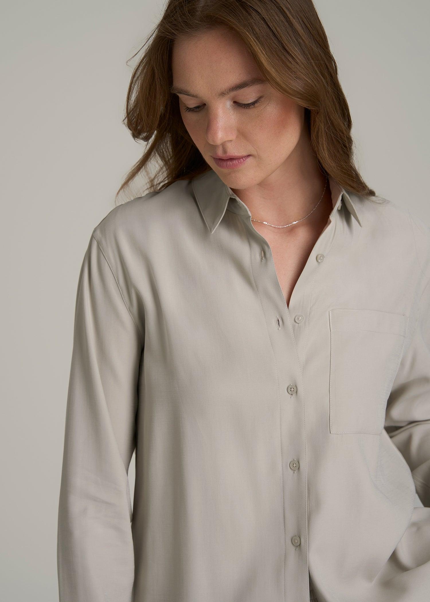 Relaxed Button-Up Single-Pocket Blouse for Tall Women in Stone Female Product Image