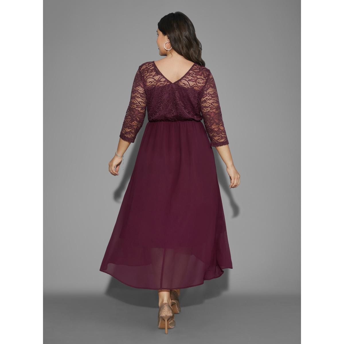 Plus Size Crochet Lace High Low Hem Midi Dress Burgundy Women Cocktail Woven ribbon&lace trim Party Curvy Bloomchic 14-16/1X Product Image