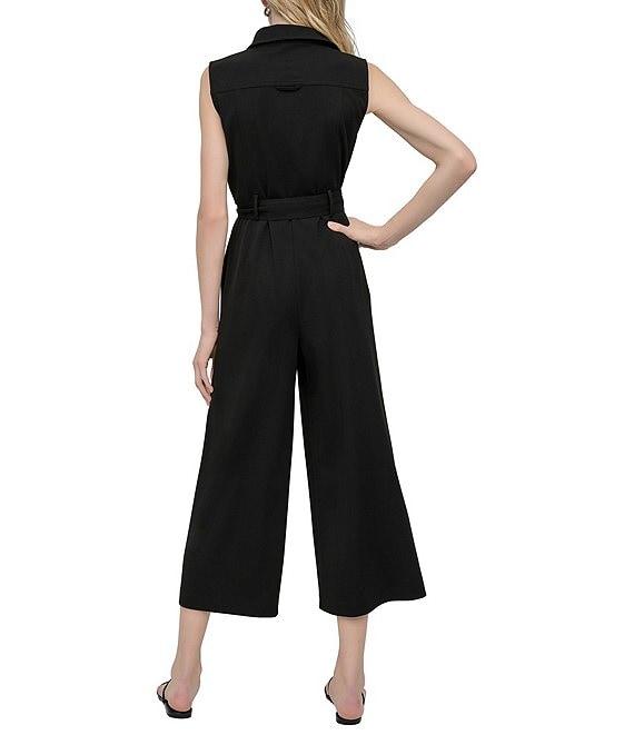 DKNY by Donna Karan Solid Scuba Crepe Collar Neck Sleeveless Cargo Jumpsuit Product Image