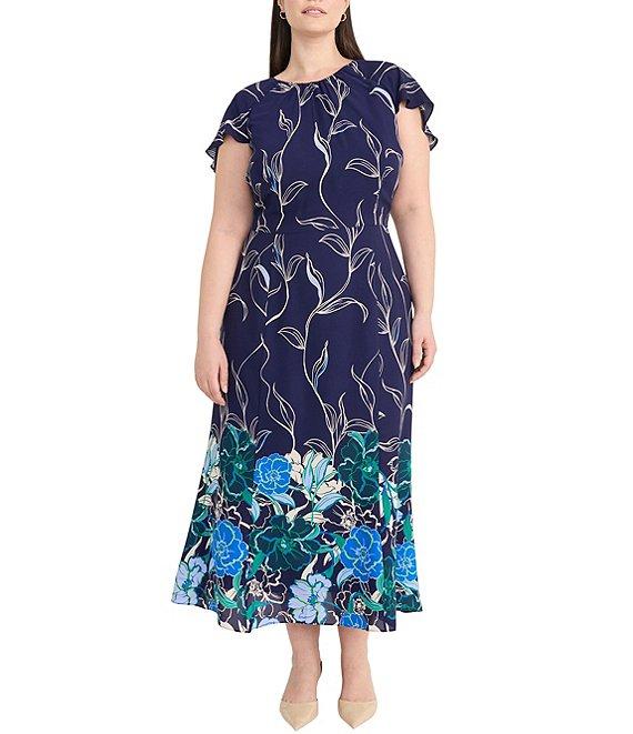 Maggy London Plus Size Crew Neck Flutter Sleeve Back Ruffle Georgette A-Line Midi Dress Product Image