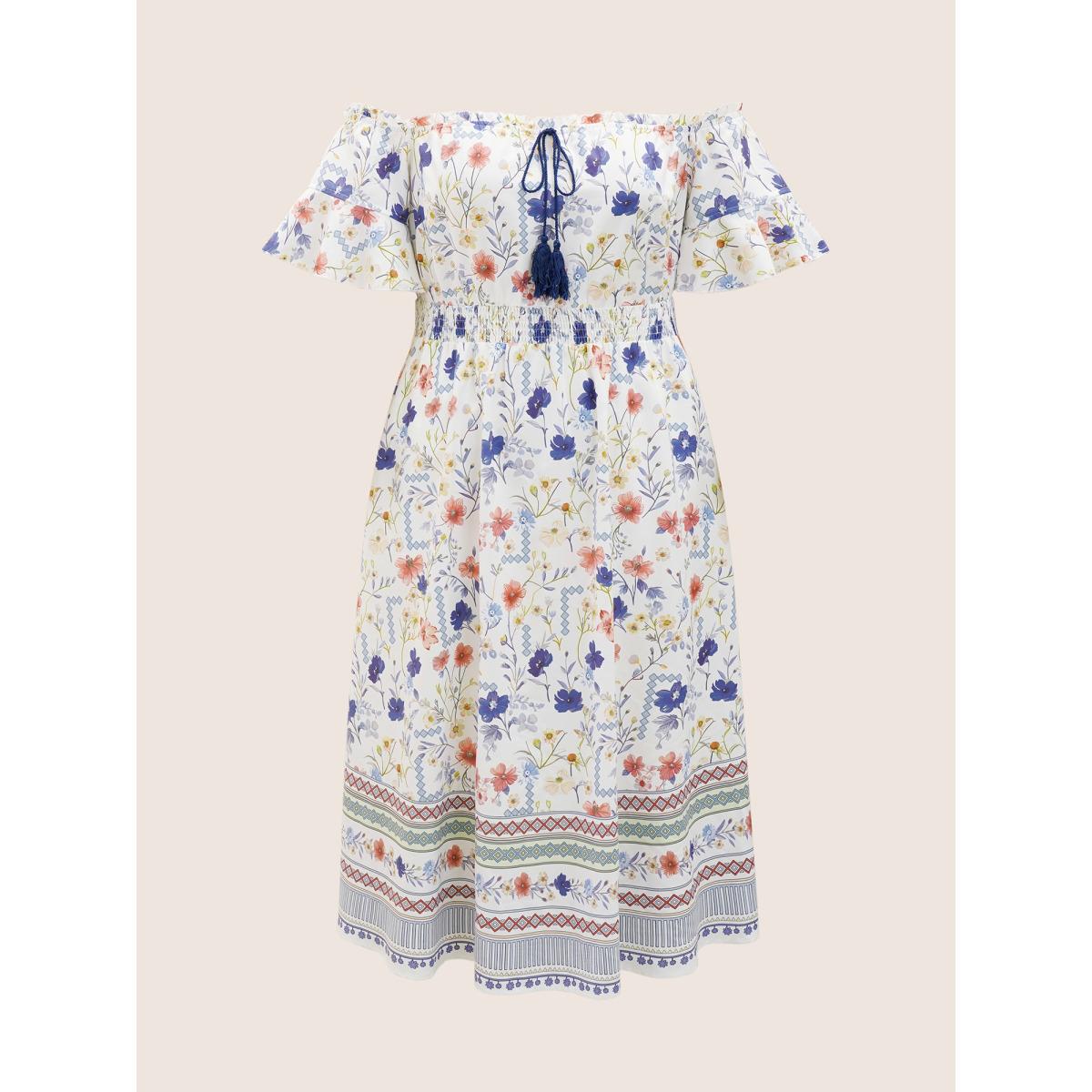 Plus Size Floral One Shoulder Neck Shirred Tassel Dress White Women Resort Tie knot One-shoulder neck Short sleeve Curvy BloomChic 26/4X Product Image