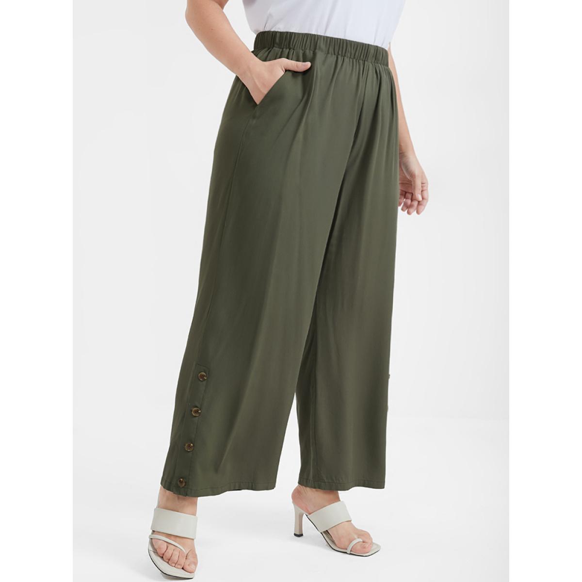 Plus Size Solid Button Elastic Waist Pocket Loose Pants Women ArmyGreen Elegant High Rise Dailywear Pants BloomChic 18-20/2X Product Image