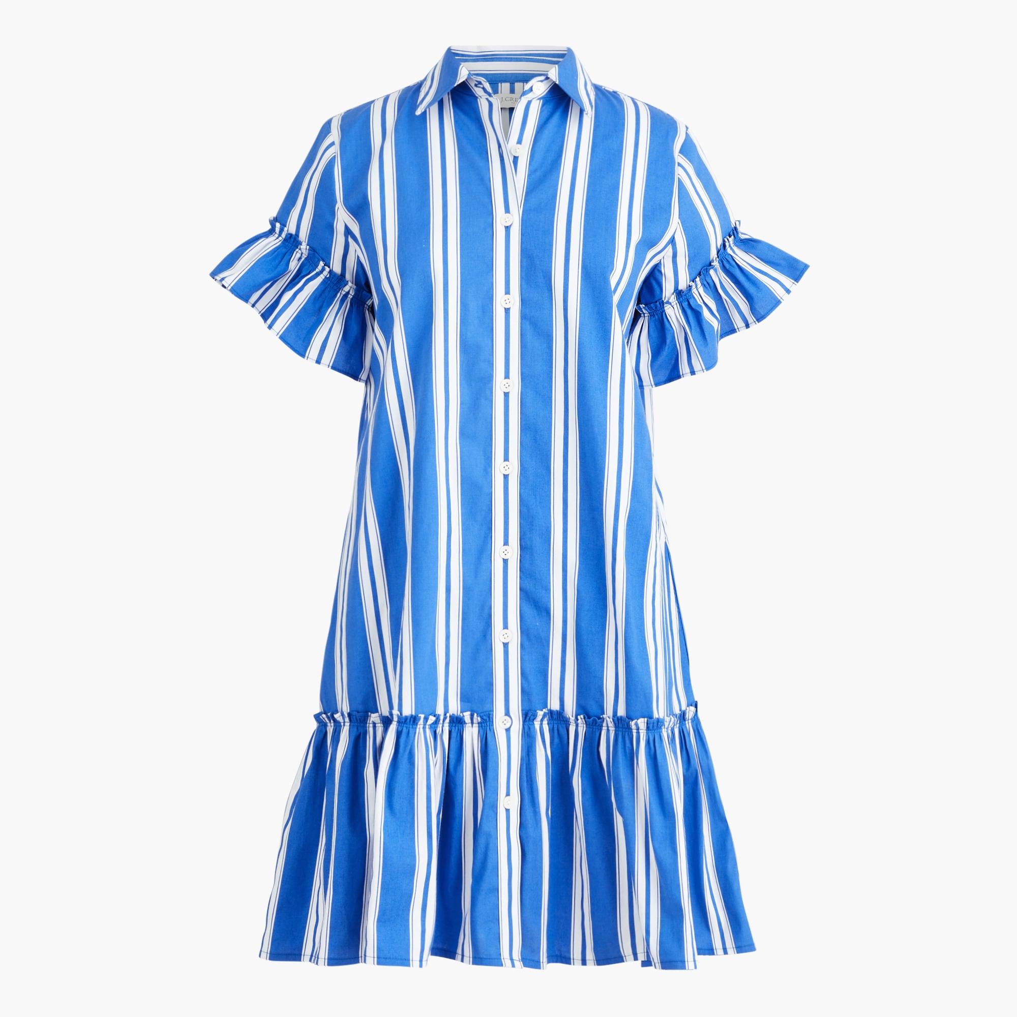 Striped ruffle-sleeve mini shirtdress Product Image