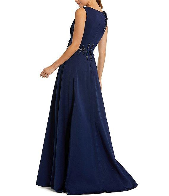 Mac Duggal Sequin Floral Applique Boat Neck Sleeveless Gathered Gown Product Image